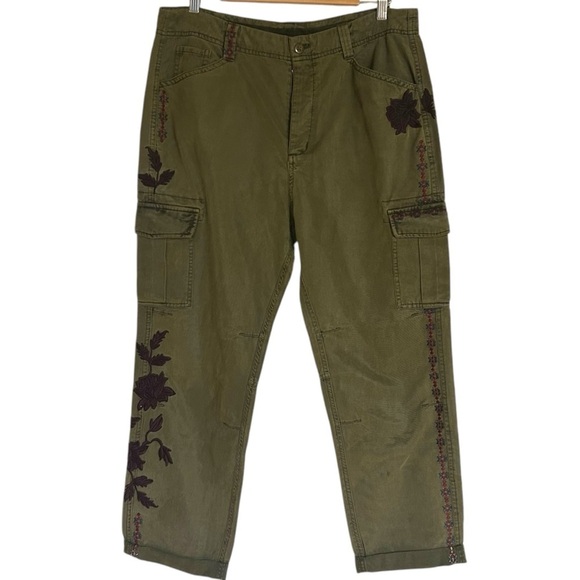 Sundance Olive Green Embroidered Cargo Pants Size 14 Boho Earthy - Picture 1 of 16